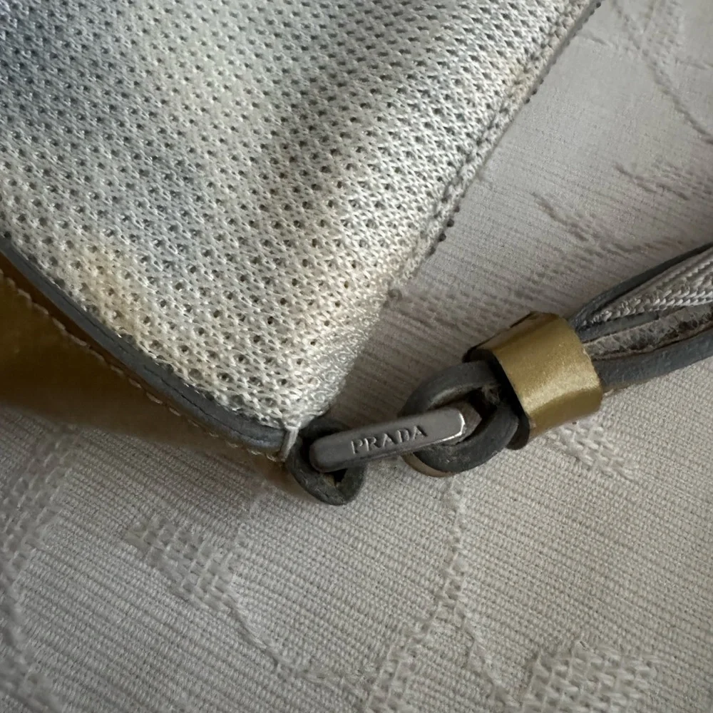 Prada Y2K Nylon Mesh Mini Bike Lux Sport. Shoulder Bag Silver and mustard patent